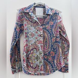 NWOT Cino 100% Crinkle Cotton Paisley Multicolor Button Down Blouse. Boho.
